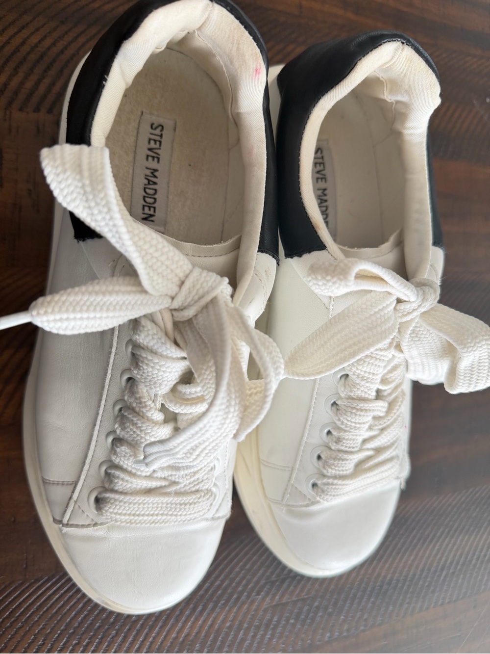 Steve Madden White Leather Sneakers with Black Heel Accent